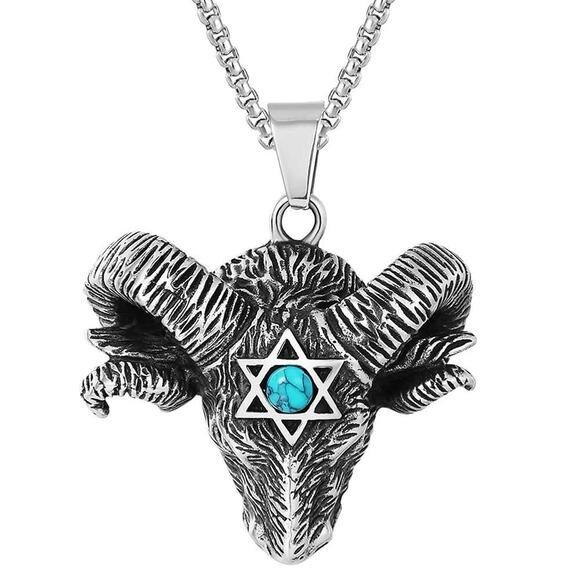 Stainless Steel Goat Ram w/ Star of David & Turquoise Stone – 30″ Rolo Chain - Picture 1 of 1
